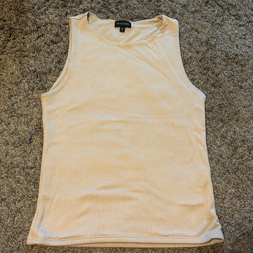 Buckle Black Beige Ribbed Knit Tank Top Sleeveless High Neck XS
